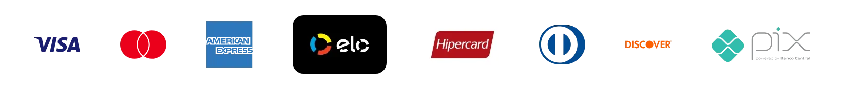 Visa, Mastercard, American Express, Elo, Hipercard, Diners Club, Discover e Pix